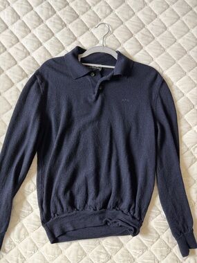 A.P.C. Navy Collared V-Neck Long Sleeve Sweater